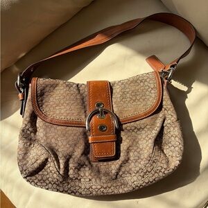 Coach Brown Signature Canvas Shoulder Bag with Tan Leather Trim